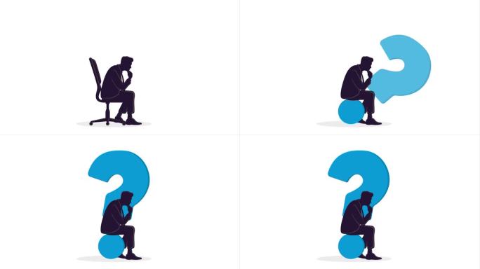 思考的商人坐在一个巨大的动画问号上