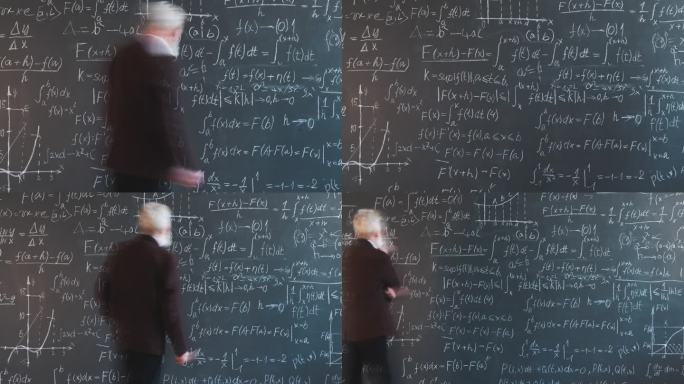 一个大学教授忙于科学研究，在黑板上写解决方案的放大时间流逝