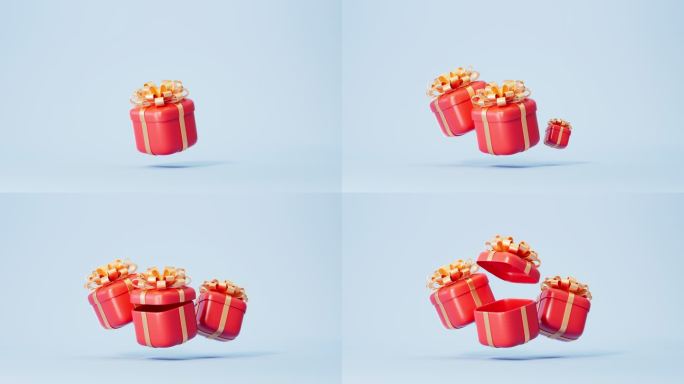 蓝色背景下出现礼盒渐渐打开的动画