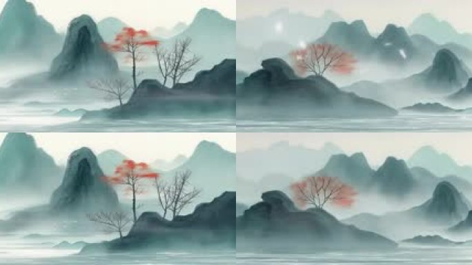6K宽屏青色水墨山水背景国风意境水墨山水