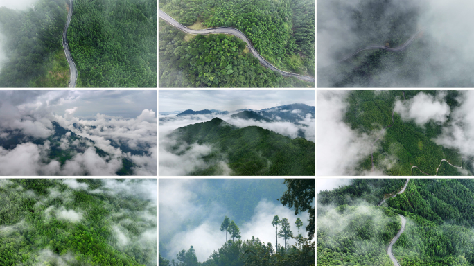 航拍森林云海工程车行驶在山区公路