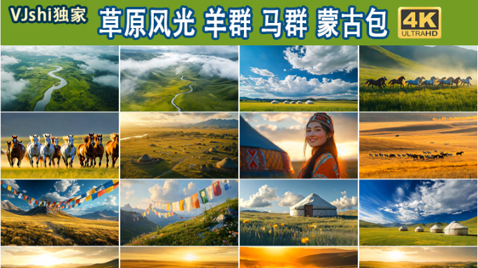 草原风光羊群马群蒙古包牧场