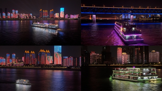 【长镜头】武汉长江夜游轮渡航拍夜景