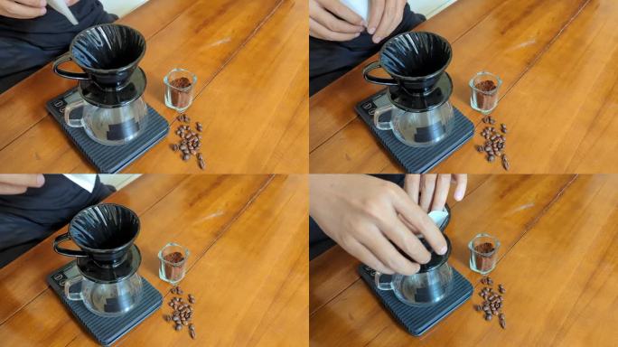 近手制作另类特色过滤咖啡在倒，酿造v60，在木桌