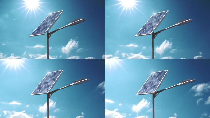 摄像机在太阳能街灯周围移动，背景是太阳