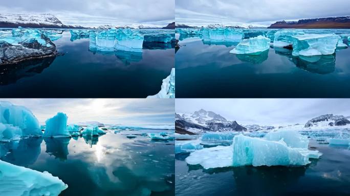 冰岛冰河湖蓝色冰川漂浮在寒冷海面