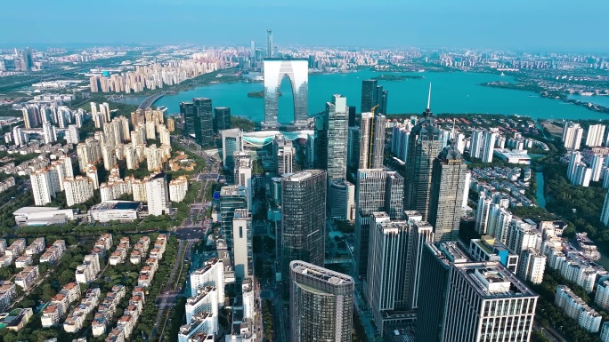 航拍江苏苏州东方之门地标CBD建筑金鸡湖