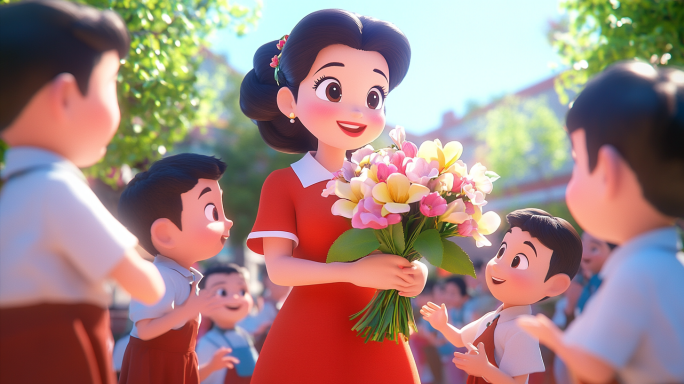 教师节 3d卡通 老师手捧鲜花 收到花朵