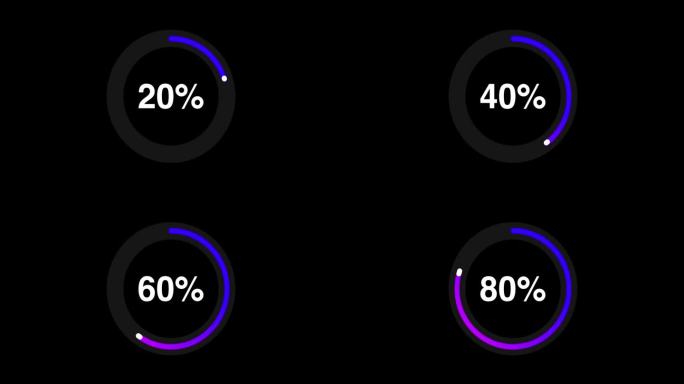加载传输下载动画0- 100%，圈百分比图表。霓虹灯彩色发光计数器。倒计时，未来装圆环。4 k。