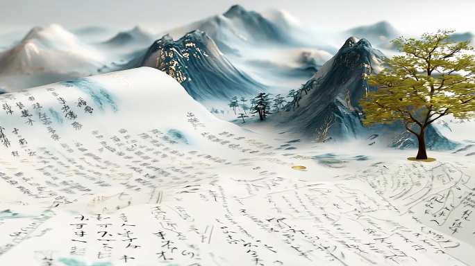 古风卷轴水墨山水国风山水LED舞台背景
