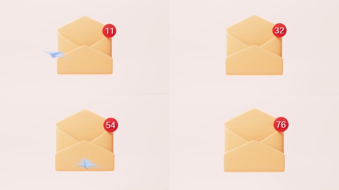 卡通打开邮件在黄色背景，3d渲染。