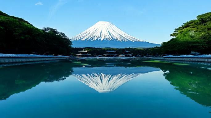 日本忍野八海清澈泉水与富士山倒影