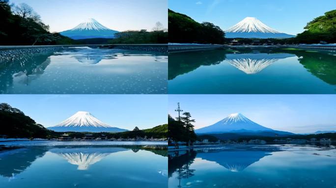 日本忍野八海清澈泉水与富士山倒影