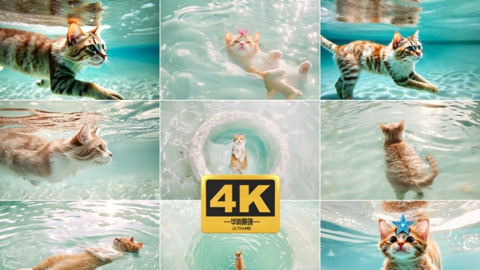 4k可爱猫咪游泳