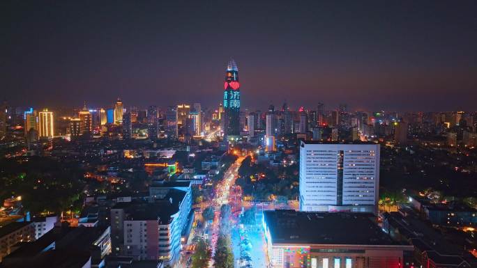 山东济南市夜景航拍城市