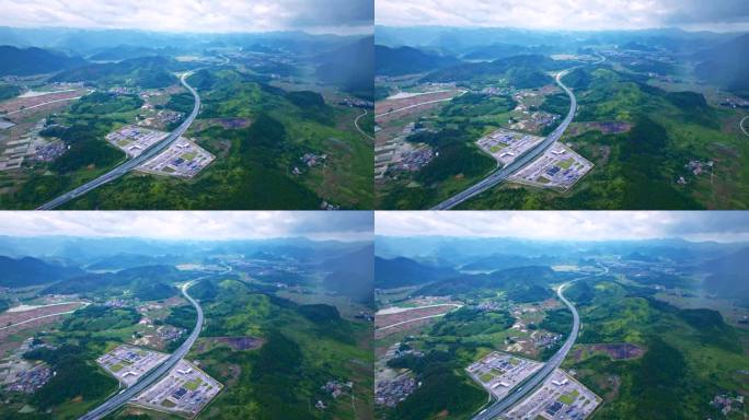 广东清远蜿蜒于群山之间高速公路服务区航拍