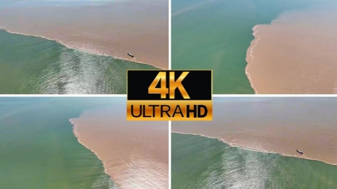 4K航拍黄河入海口黄蓝交汇