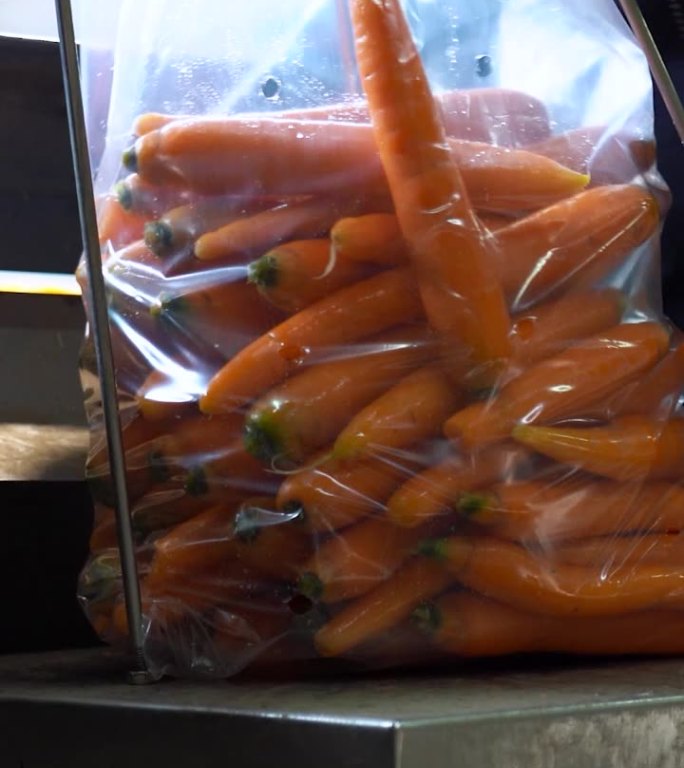 胡萝卜分拣，称重和包装在食品加工厂-视频蒙太奇