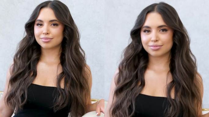 年轻的女孩穿着黑色的小裙子漂亮的女孩坐在白色的沙发上黑色的裙子黑发