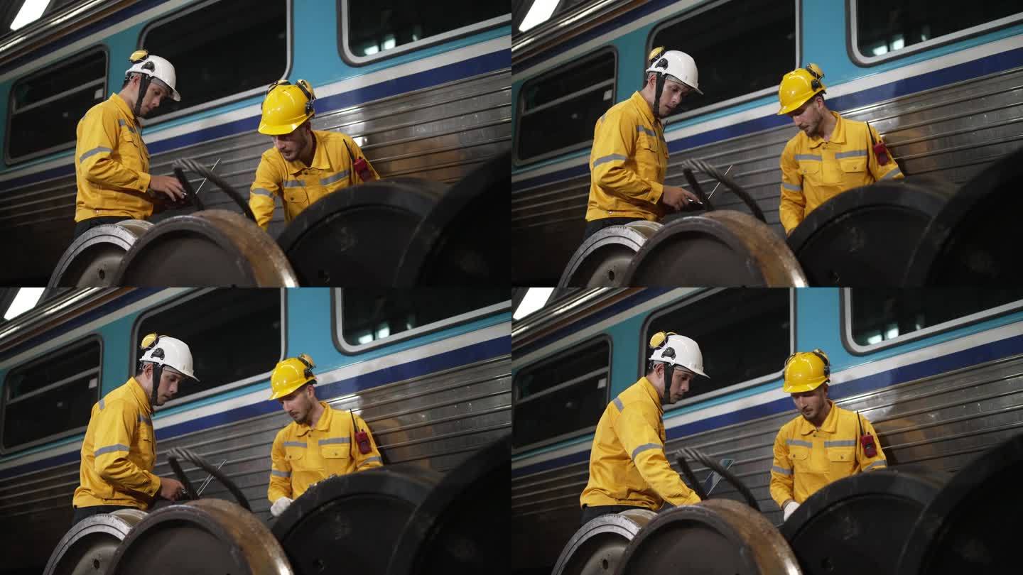 蓝领工人正在火车站工作。