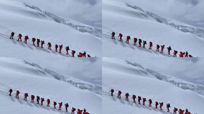 航拍攀登慕士塔格峰雪山冰川的登山队