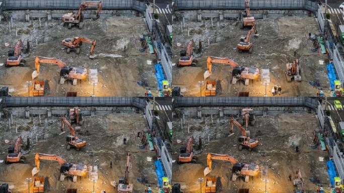 日本名古屋中部建筑工地的挖掘机和建筑工人的延时视图