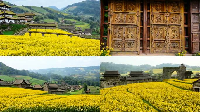 江西婺源油菜花田中古村落点缀在绿意之中