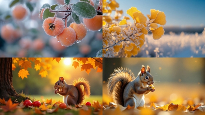 寒露霜降霜花  深秋枫叶 松鼠果实