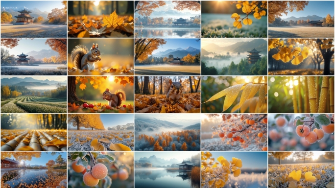 寒露霜降霜花  深秋枫叶 松鼠果实