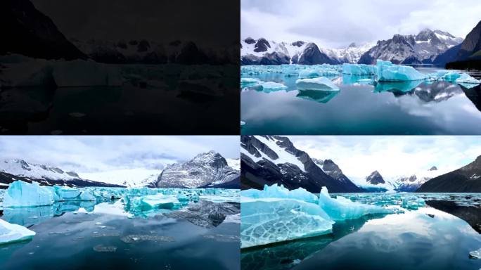 新西兰塔斯曼冰川湖中的漂浮冰块与雪山