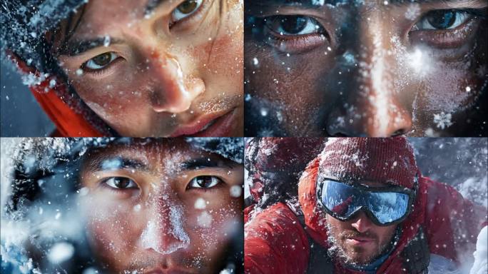 坚毅的眼神攀登者，登山者，登雪山，攀登