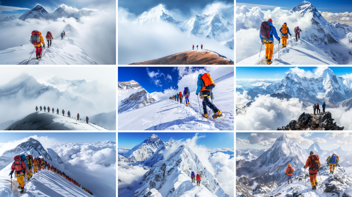 励志团队攀登勇往直前徒步梦想登顶雪山