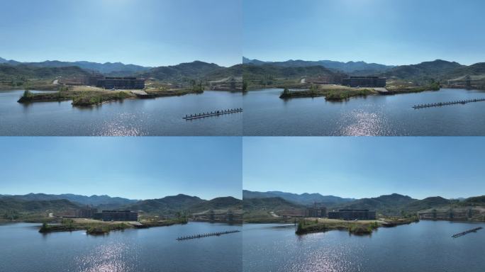 水库航拍 游船 水面航拍环绕景区素材