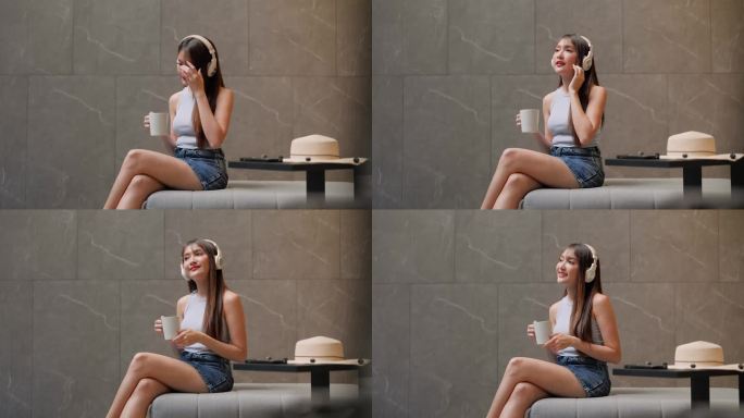 亚洲开朗的年轻漂亮的女人放松地听音乐和放松的舞蹈运动，靠近游泳池，在游泳池别墅美丽的房子设计建筑与花