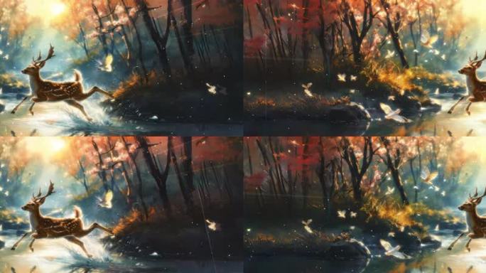 活动大屏林间鹿跃惊鸟飞高远溪畔花开映日