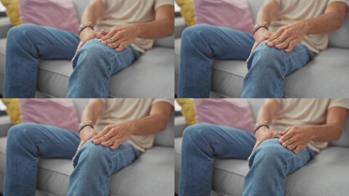 西班牙裔男子坐在室内沙发上按摩膝盖疼痛，展示医疗保健和家居环境。