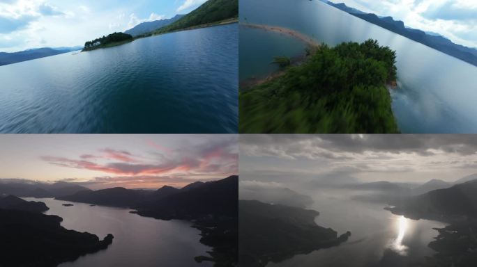 fpv穿越机航拍水库山水湖面绿水青山湖水