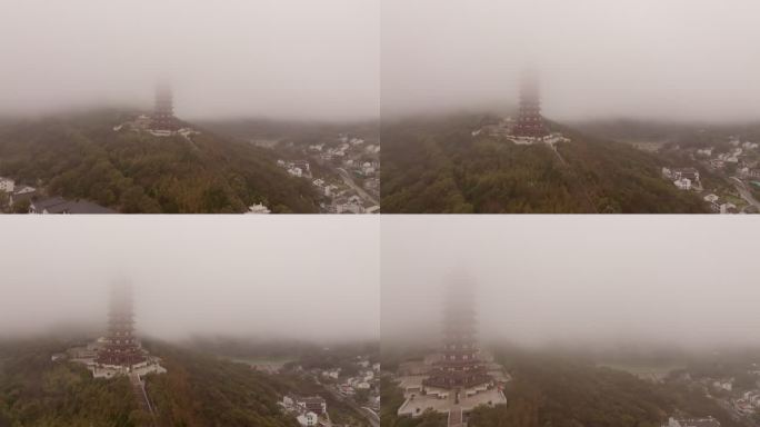 普陀山万佛宝塔大雾航拍