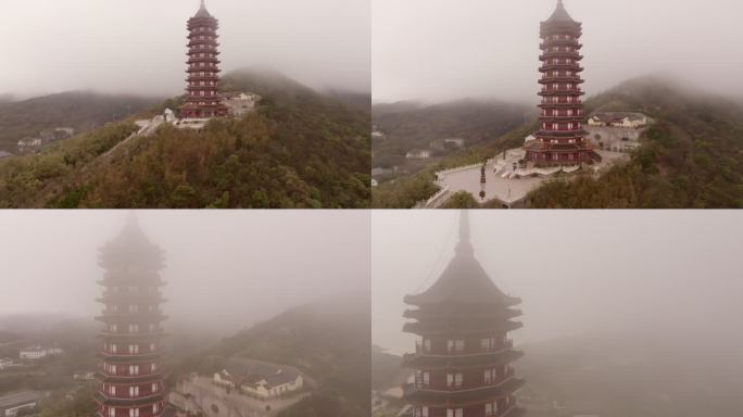 普陀山万佛宝塔大雾航拍