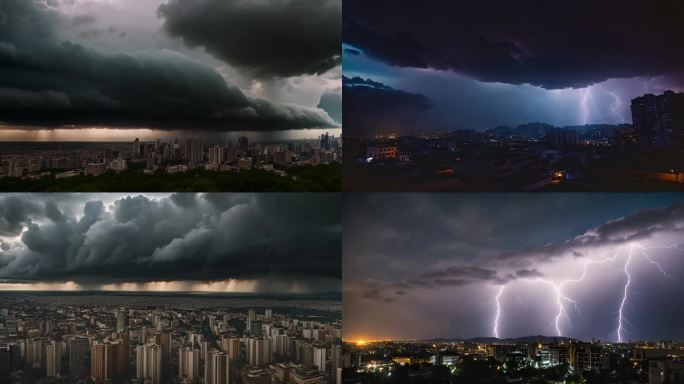 城市乌云密布 电闪雷鸣 暴风雨来临