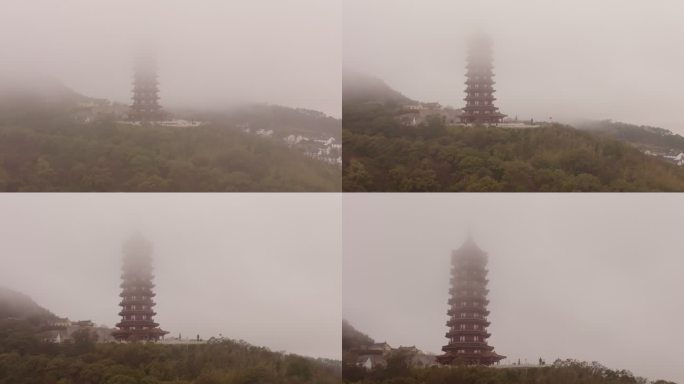 普陀山万佛宝塔大雾航拍