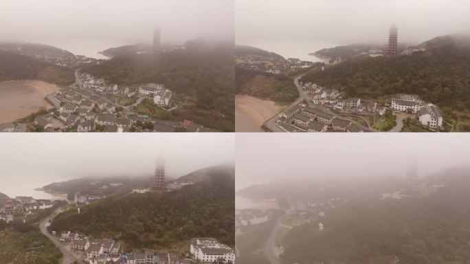 普陀山万佛宝塔大雾航拍