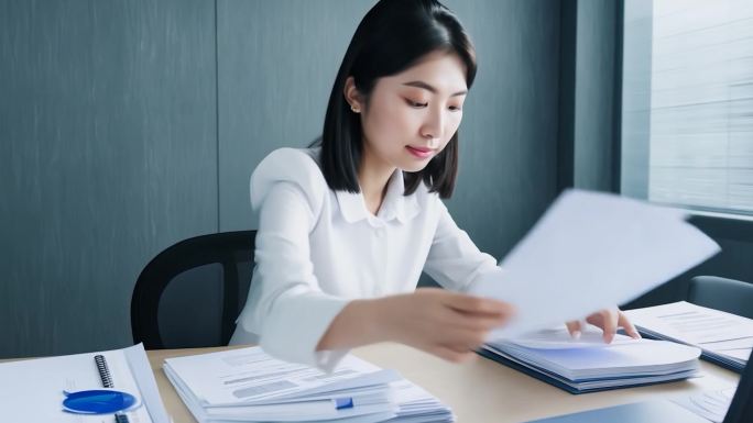 办公室里的年轻女秘书整理会议资料