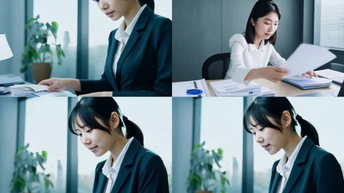 办公室里的年轻女秘书整理会议资料
