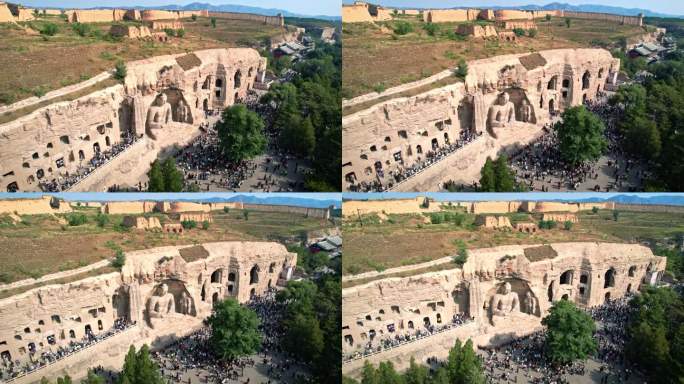 山西大同云冈石窟人山人海世界文化遗产