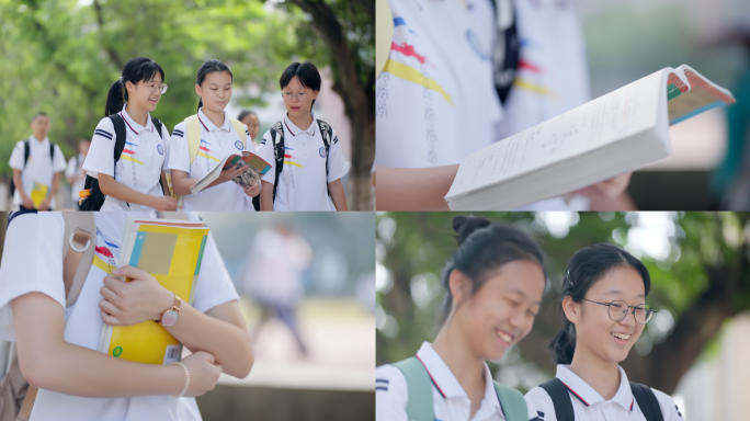 中学生校园学生生活行走在林荫道朝气蓬勃