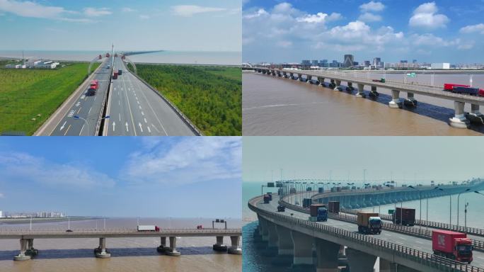 东海大桥和物流运输车航拍