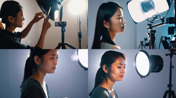 影楼里的年轻女摄影师调整灯光角度