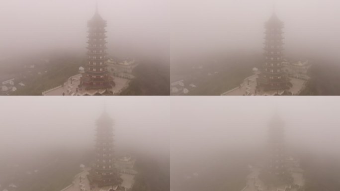 普陀山万佛宝塔大雾航拍