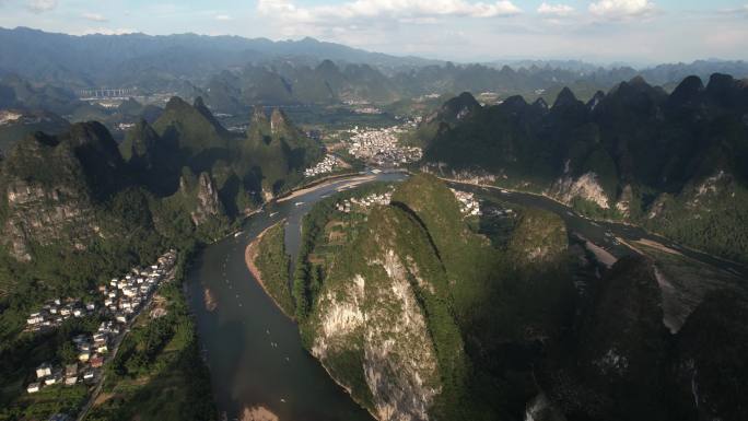 广西桂林阳朔兴坪古镇漓江航拍山水自然风光
